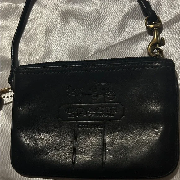 Coach Leatherware Vintage Black Leather Wristlet Tattersall Interior EUC - Picture 1 of 10